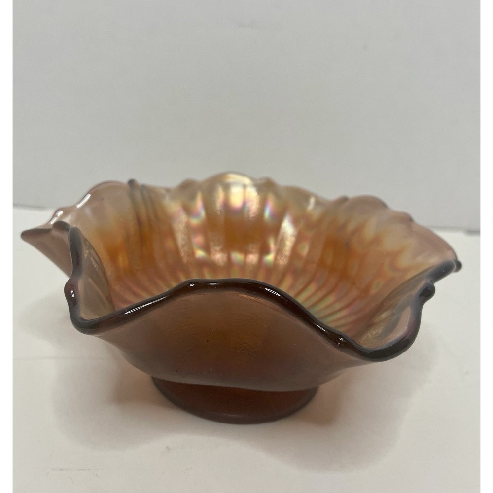 Vintage Carnival Glass Bowl Stippled Ray Amethyst Candy Dish Oil Spill Effect